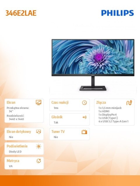 Monitor 34 cale 346E2LAE VA HDMI DP USB-C HAS Głośniki Philips Monitor 34 cale 346E2LAE VA HDMI DP USB-C HAS Głośniki Philips