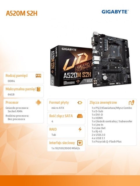 Płyta główna A520M S2H AM4 2DDR4 M.2 HDMI/DVI mATX Gigabyte
