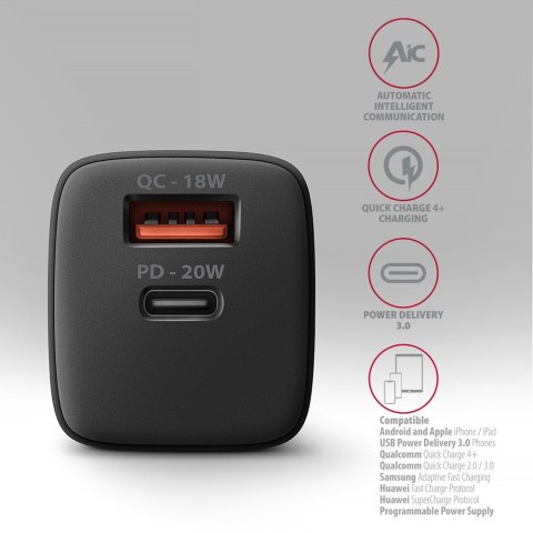 ACU-PQ20 Ładowarka sieciowa 20W, QC3.0/AFC/FCP + PD type-C Czarna AXAGON