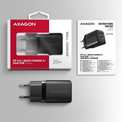 ACU-PQ20 Ładowarka sieciowa 20W, QC3.0/AFC/FCP + PD type-C Czarna AXAGON