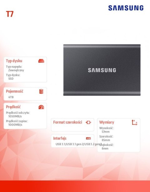Dysk SSD Portable T7 4TB USB3.2 Gen.2 szary Samsung Dysk SSD Portable T7 4TB USB3.2 Gen.2 szary Samsung
