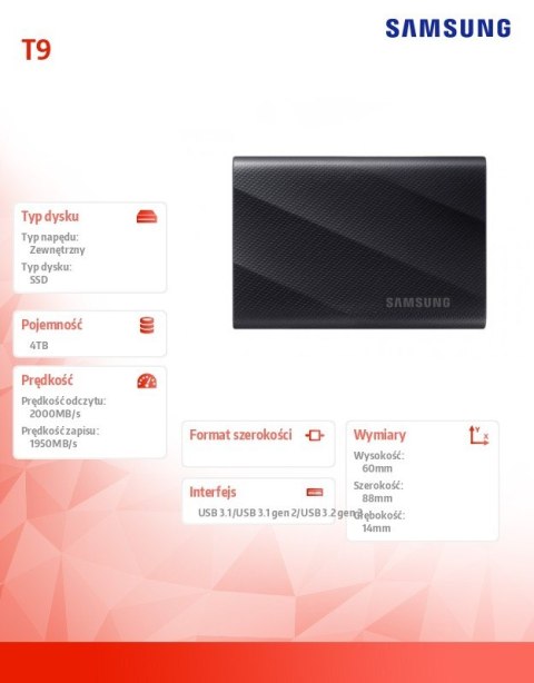 Dysk zewnętrzny SSD T9 4TB USB3.2 GEN.2 czarny Samsung Dysk zewnętrzny SSD T9 4TB USB3.2 GEN.2 czarny Samsung