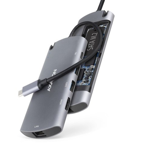 HMC-6M2 Wieloportowy hub USB-C 3.2 Gen 1, slot M.2 SATA + HDMI + GLAN + 2x USB-A + PD 100W AXAGON