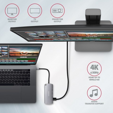 HMC-6M2 Wieloportowy hub USB-C 3.2 Gen 1, slot M.2 SATA + HDMI + GLAN + 2x USB-A + PD 100W AXAGON