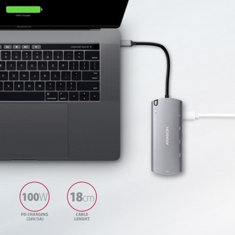HMC-6M2 Wieloportowy hub USB-C 3.2 Gen 1, slot M.2 SATA + HDMI + GLAN + 2x USB-A + PD 100W AXAGON