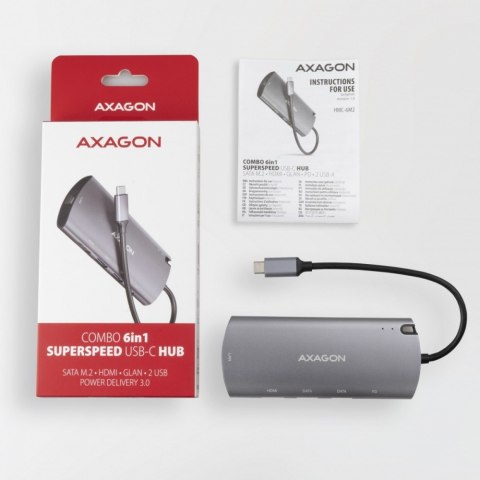 HMC-6M2 Wieloportowy hub USB-C 3.2 Gen 1, slot M.2 SATA + HDMI + GLAN + 2x USB-A + PD 100W AXAGON