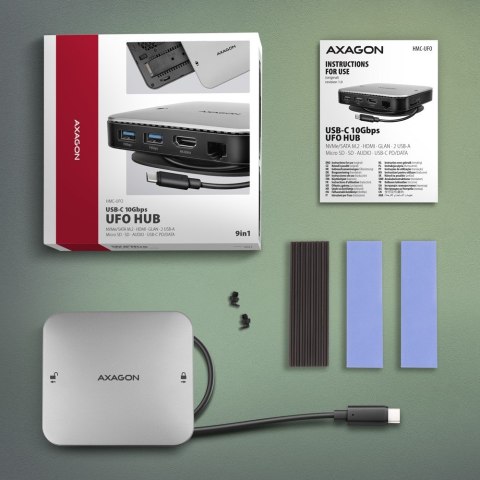 HMC-UFO Wieloportowy hub USB 9in1, 10Gbps, 2x USB-A, HDMI 4K/60Hz, M.2 NVMe/SATA, audio, PD 100W, SD/microSD, GLAN, 65cm USB-C k AXAGON