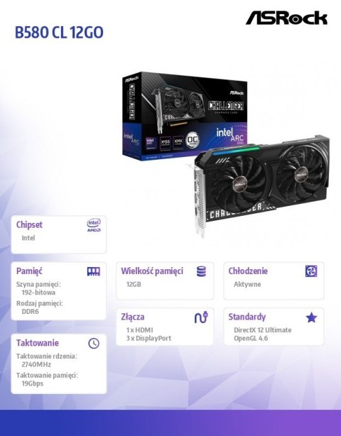 Karta graficzna B580 CHALLENGER 12G OC GDDR6 192bit 3DP/HDMI ASRock Karta graficzna B580 CHALLENGER 12G OC GDDR6 192bit 3DP/HDMI ASRock