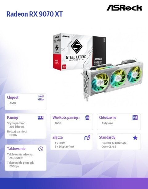 Karta graficzna Radeon RX 9070 XT Steel Legend 16GB ASRock Karta graficzna Radeon RX 9070 XT Steel Legend 16GB ASRock
