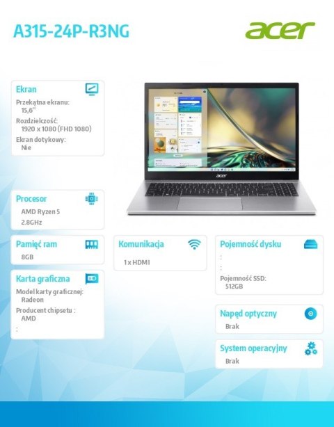 Laptop Aspire 3 A315-24P-R3NG Ryzen 5 7520U 15,6 FHD 8GB SSD 512GB NoOS Srebrny Acer Laptop Aspire 3 A315-24P-R3NG Ryzen 5 7520U 15,6 FHD 8GB SSD 512GB NoOS Srebrny Acer