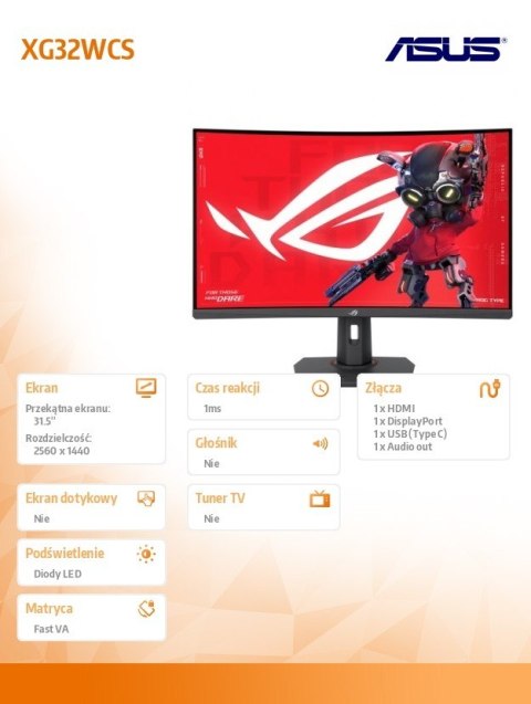 Monitor 32 cale XG32WCS ROG S 180Hz DP HDMI USB-C Asus Monitor 32 cale XG32WCS ROG S 180Hz DP HDMI USB-C Asus