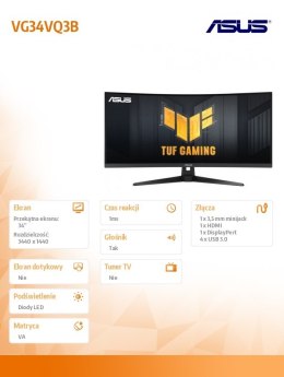 Monitor 34 cale VG34VQ3B WQHD 180Hz DP HDMI TUF 1500R Asus