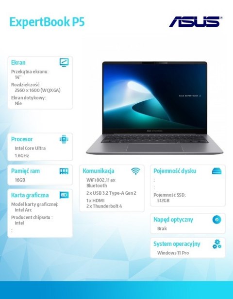 Notebook P5405CSA-NZ0236X ultra 5 226 14 cali/16GB/512GB/ Win 11 PRO/3YRS Copilot+PC Asus
