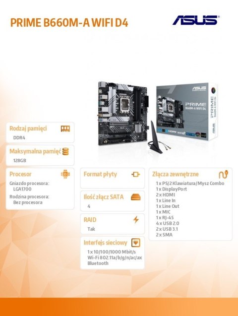 Płyta główna PRIME B660M-A WIFI D4 s1700 4DDR4 HDMI M.2 mATX Asus Płyta główna PRIME B660M-A WIFI D4 s1700 4DDR4 HDMI M.2 mATX Asus