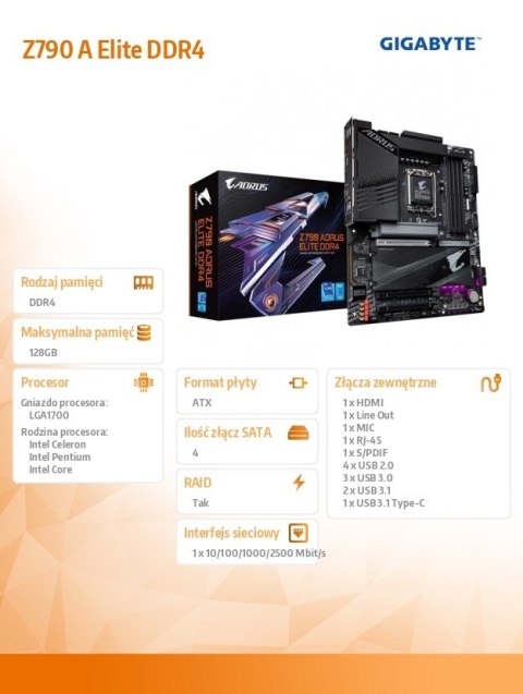 Płyta główna Z790 AORUS ELITE DDR4 S1700 4DDR4 USB/M.2 ATX Gigabyte Płyta główna Z790 AORUS ELITE DDR4 S1700 4DDR4 USB/M.2 ATX Gigabyte