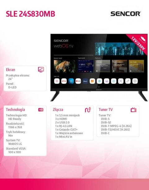 Telewizor 24 cale Smart webOS LG 12/240V SLE 24S830WB Wi-Fi BT Sencor