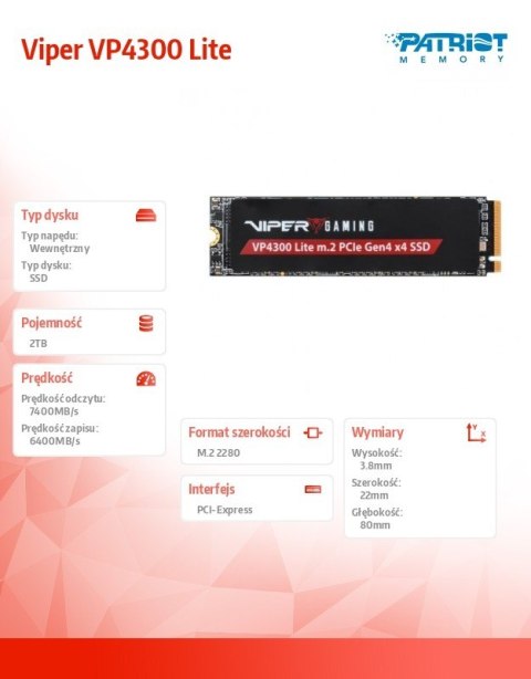 Dysk SSD 2TB Viper VP4300 Lite 7400/6400 M.2 PCIe Gen4x4 NVMe 2.0 PS5 Patriot
