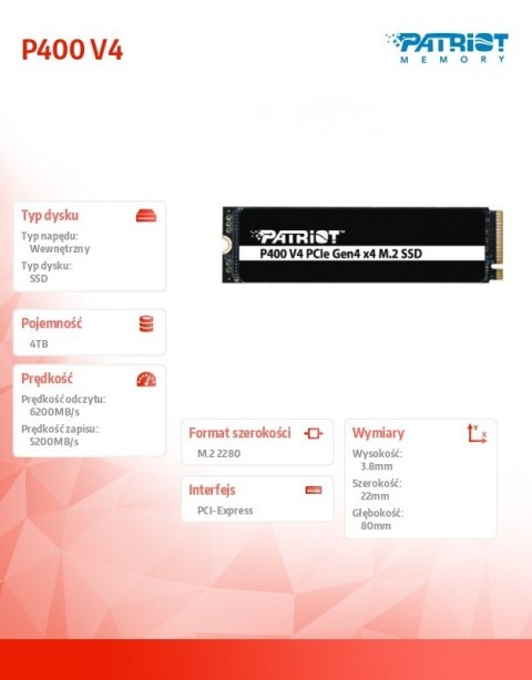 Dysk SSD 4TB P400 V4 6200/5200 MB/s M.2 PCIe Gen4 x4 NVMe 2.0 Patriot