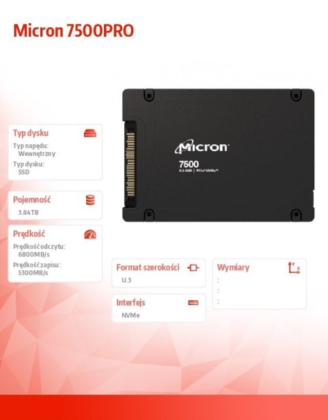 Dysk SSD 7500PRO 3840GB NVMe U.3 15mm Single Pack Micron