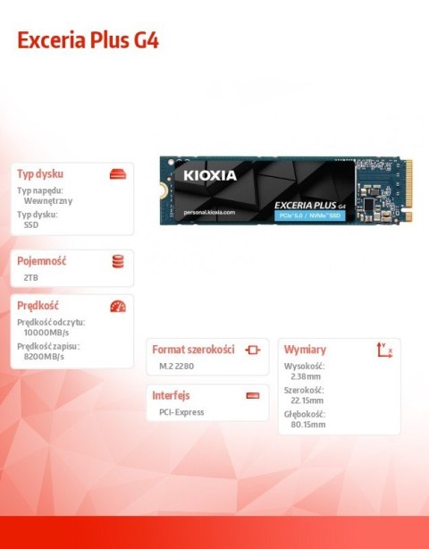 Dysk SSD Exceria Plus G4 2TB PCIe Gen5x4 10000/8200 Kioxia Dysk SSD Exceria Plus G4 2TB PCIe Gen5x4 10000/8200 Kioxia