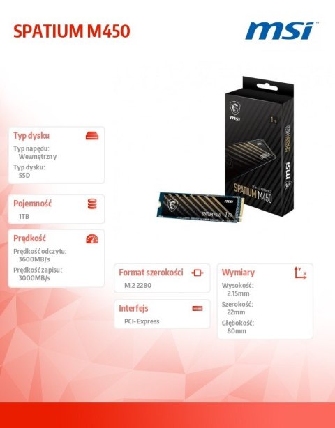 Dysk SSD SPATIUM M450 1TB M.2 PCIe4 3600/3000MB/s MSI