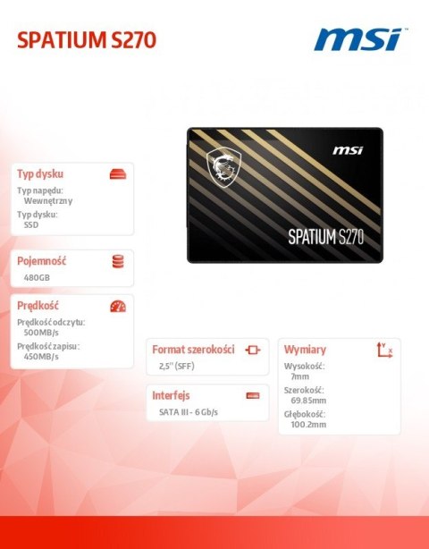 Dysk SSD SPATIUM S270 480GB 2,5 cala SATA3 500/450MB/s MSI