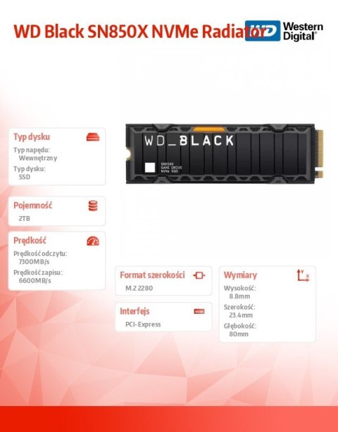 Dysk SSD Black 2TB SN850X NVMe M.2 PCIe Radiator Western Digital