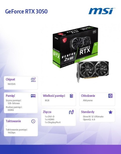 Karta graficzna GeForce RTX 3050 Ventus 2X XS 8G OC GDDR6 128bit HDMI MSI