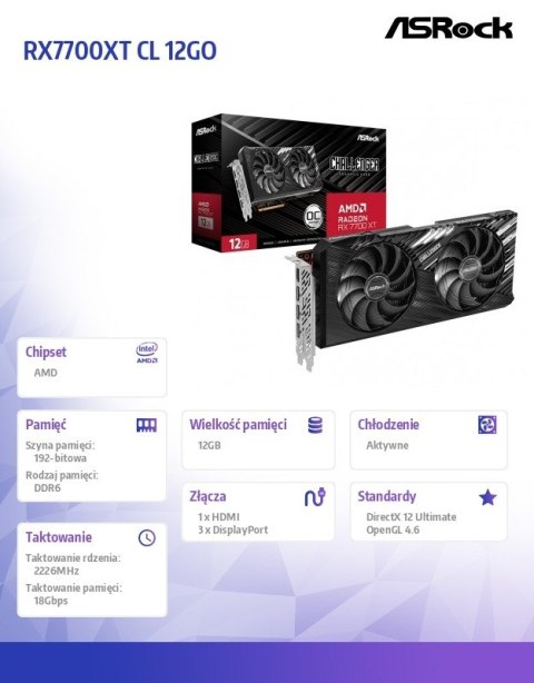 Karta graficzna Radeon RX 7700 XT CHALLENGER OC 12G GDDR6 192bit ASRock Karta graficzna Radeon RX 7700 XT CHALLENGER OC 12G GDDR6 192bit ASRock