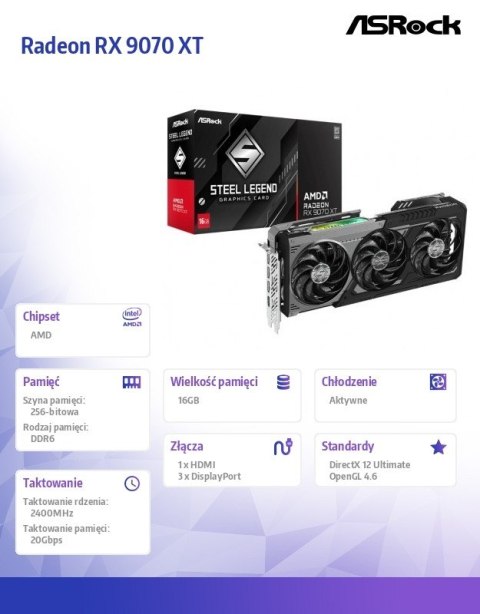 Karta graficzna Radeon RX 9070 XT STEEL LEGEND DARK 16GB GDDR6 256bit 3DP/HDMI ASRock Karta graficzna Radeon RX 9070 XT STEEL LEGEND DARK 16GB GDDR6 256bit 3DP/HDMI ASRock