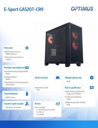 Komputer E-Sport GA520T-CR9 Ryzen 5 3600/16GB/1TB/RX 6600 8GB/W11H