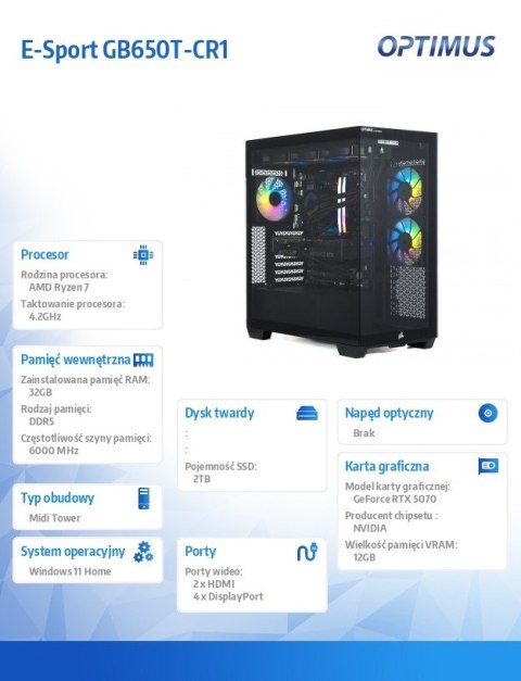 Komputer E-Sport GB650T-CR1 Ryzen 7 7800X3D/32GB/2TB/RTX 5070 OC 12GB/WIN
