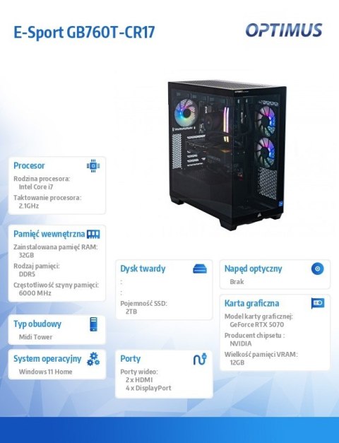 Komputer E-Sport GB760T-CR17 i7-14700F/32GB/2TB/RTX 5070 OC 12GB/W11H