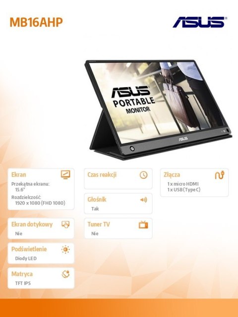 Monitor 15.6 cala MB16AHP IPS FHD mHdmi USB-C Głośnik bateria 4h pracy Asus Monitor 15.6 cala MB16AHP IPS FHD mHdmi USB-C Głośnik bateria 4h pracy Asus