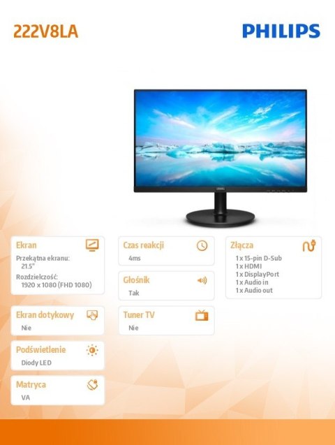 Monitor 222V8LA 21.5 cala VA HDMI DP Głośniki Philips Monitor 222V8LA 21.5 cala VA HDMI DP Głośniki Philips