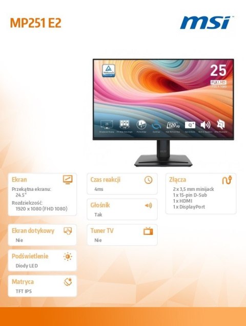 Monitor 24.5 cala PRO MP251 E2 LED/FHD/Flat/120Hz/czarny MSI