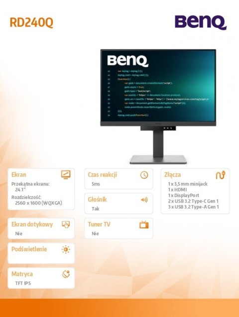 Monitor 24 cale RD240Q WQXGA 5ms/IPS/1200:1/HDMI/DP Benq Monitor 24 cale RD240Q WQXGA 5ms/IPS/1200:1/HDMI/DP Benq