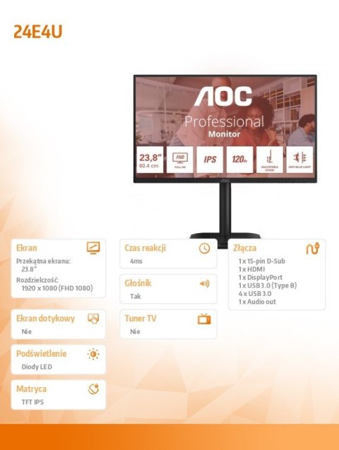 Monitor 24E4U 23.8 cala IPS 120Hz HDMI DP VGA Pivot GĹoĹniki