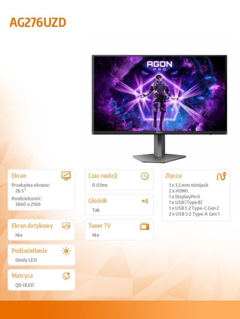 Monitor 26.5 cala AG276UZD 4K QD-OLED 240Hz HDMIx2 DP USB-C Pivot AOC