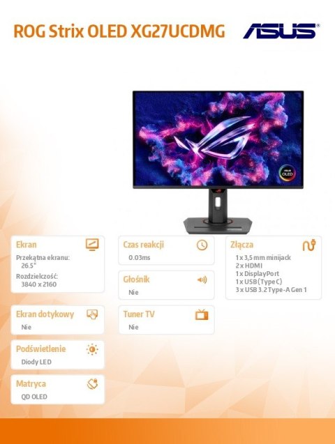 Monitor 27 cali XG27UCDMG OLED 4K 240Hz HDMI DP USB-C Asus Monitor 27 cali XG27UCDMG OLED 4K 240Hz HDMI DP USB-C Asus