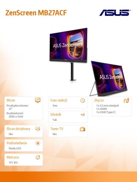 Monitor 27 cali MB27ACF ZEN SC IPS QHD100Hz USB-C HDMI Asus Monitor 27 cali MB27ACF ZEN SC IPS QHD100Hz USB-C HDMI Asus
