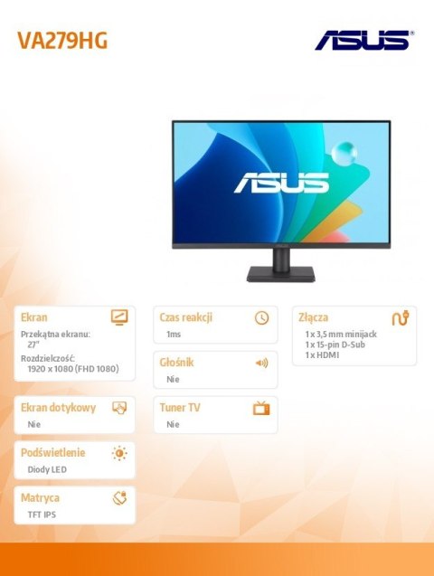Monitor 27 cali VA279HG IPS FHD 120Hz HDMI VGA Asus Monitor 27 cali VA279HG IPS FHD 120Hz HDMI VGA Asus