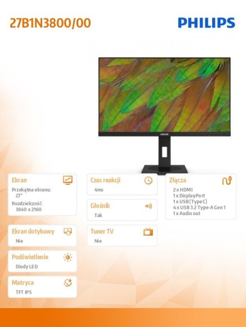 Monitor 27B1N3800 27 cali IPS 4K HDMIx2 DP USB-C Pivot Głośniki Philips Monitor 27B1N3800 27 cali IPS 4K HDMIx2 DP USB-C Pivot Głośniki Philips
