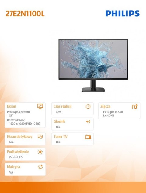 Monitor 27E2N1100L 27 cali VA 100Hz HDMI VGA Philips Monitor 27E2N1100L 27 cali VA 100Hz HDMI VGA Philips