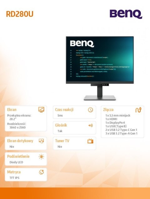 Monitor 28 cali RD280U 4K IPS 5ms/IPS/1200:1/HDMI/DP Benq Monitor 28 cali RD280U 4K IPS 5ms/IPS/1200:1/HDMI/DP Benq