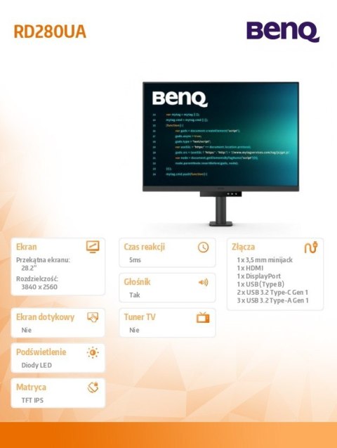 Monitor 28 cali RD280UA 4K IPS 5ms/IPS/1200:1/HDMI/DP Benq Monitor 28 cali RD280UA 4K IPS 5ms/IPS/1200:1/HDMI/DP Benq