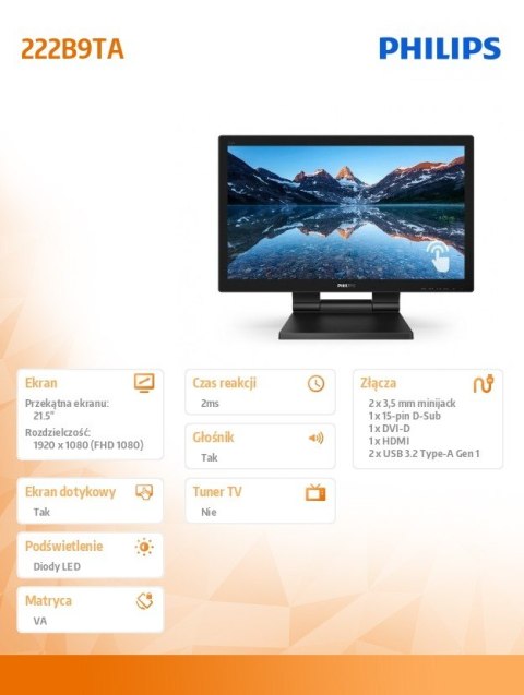 Monitor LCD 222B9TA 21.5 cala VA Touch 10 points Philips Monitor LCD 222B9TA 21.5 cala VA Touch 10 points Philips