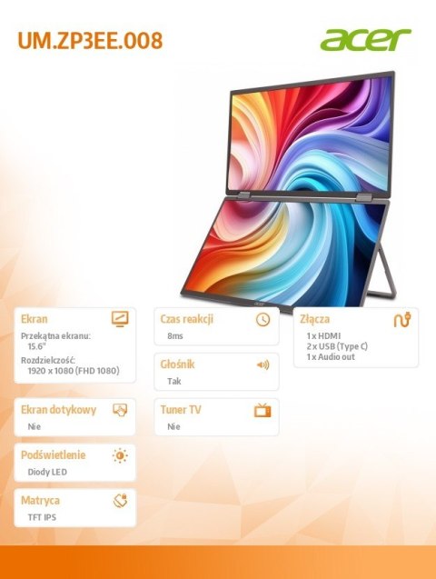 Monitor mobilny dual 16 cali PD163Qbmiuux Acer Monitor mobilny dual 16 cali PD163Qbmiuux Acer