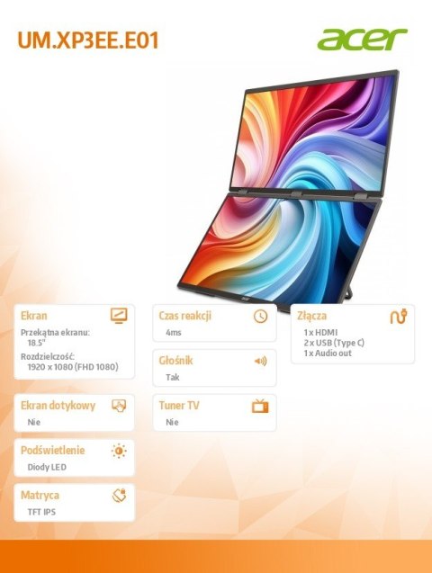 Monitor mobilny dual IPS 19 cali PD193QEbmiuux Acer Monitor mobilny dual IPS 19 cali PD193QEbmiuux Acer