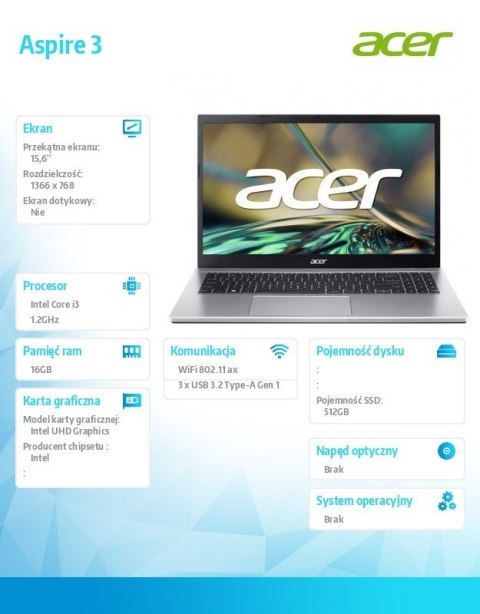 Notebook Aspire 3 A315-59-39DR i3-1215U, 15.6, 16GB DDR4 RAM, 512GB SSD, No OS, srebrny Acer Notebook Aspire 3 A315-59-39DR i3-1215U, 15.6, 16GB DDR4 RAM, 512GB SSD, No OS, srebrny Acer